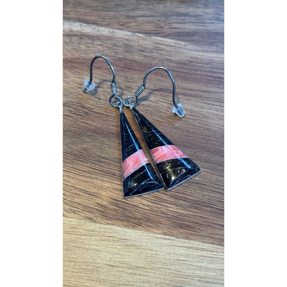 Vintage Sterling Silver Dangle Earrings With Black And Pink Inlay